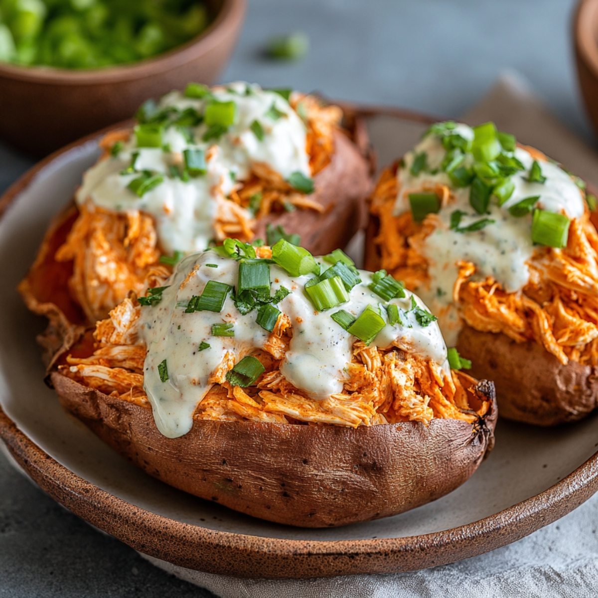 The Best Buffalo Chicken Stuffed Sweet Potatoes Recipe 12 Buffalo chicken stuffed sweet potatoes served on a plate, topped with creamy ranch dressing, crumbled blue cheese, and chopped green onions.