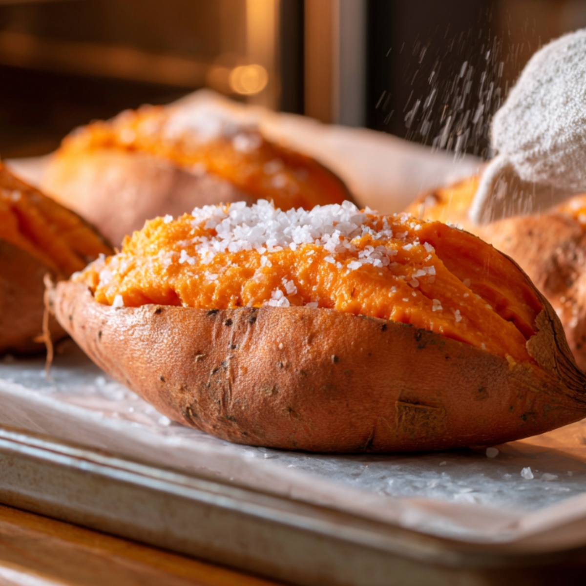 The Best Buffalo Chicken Stuffed Sweet Potatoes Recipe 10 Baked sweet potatoes on a parchment-lined baking sheet being sprinkled with coarse salt as they roast in the oven.