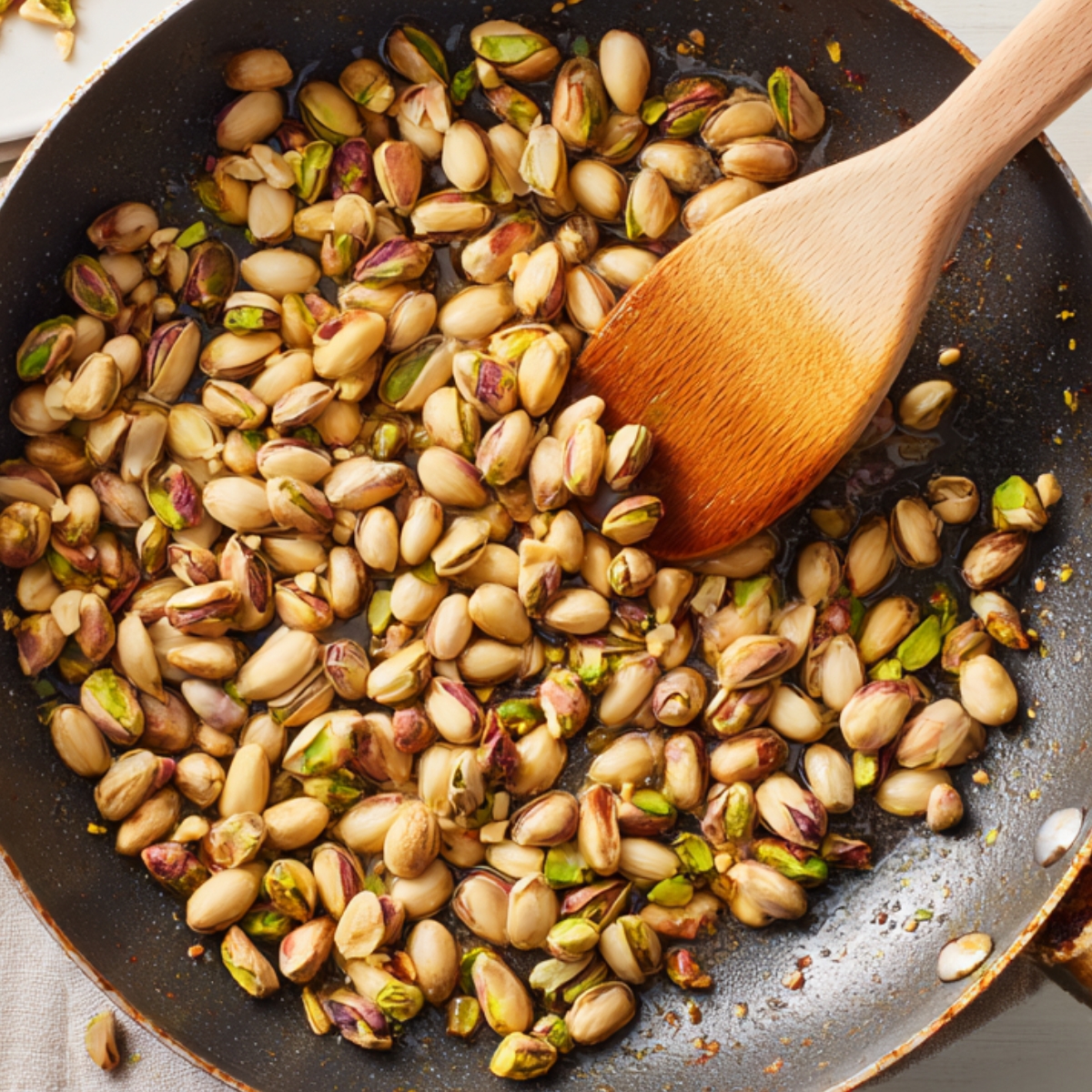 A skillet filled with whole pistachios being toasted, stirred with a wooden spoon on a light-colored surface.