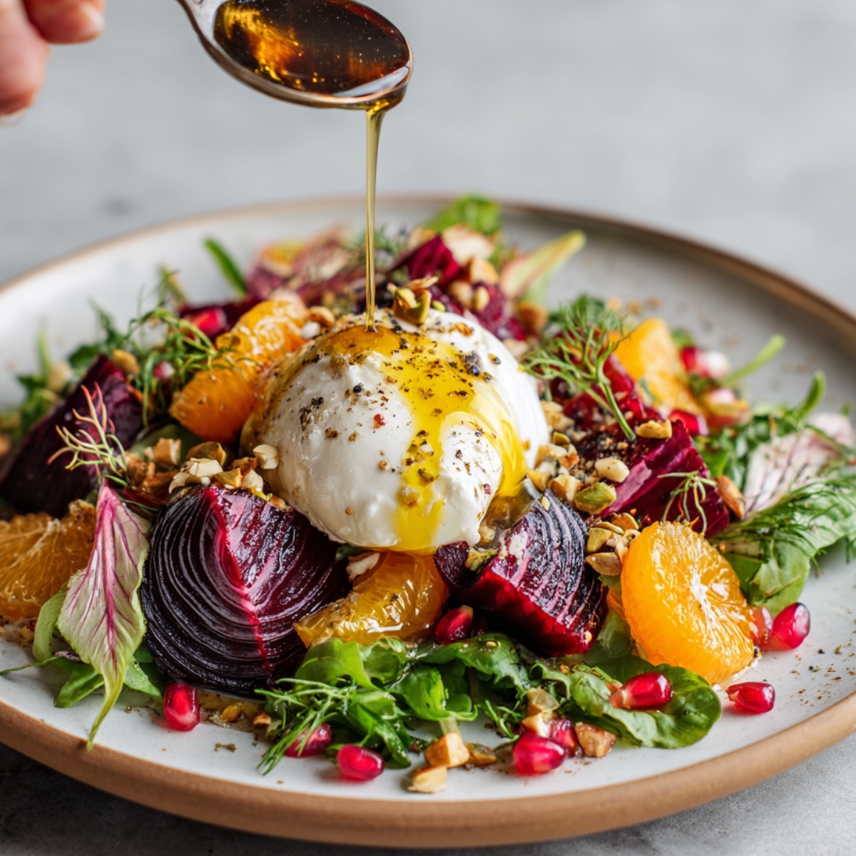 A vibrant beet and burrata salad topped with citrus segments, pomegranate seeds, fresh greens, and crushed nuts, with a spoon drizzling golden dressing over the burrata.