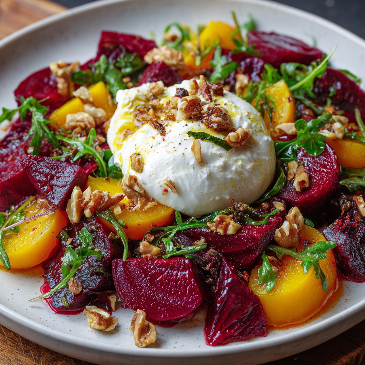 A colorful salad of roasted red and golden beets, fresh arugula, and a whole burrata in the center, topped with seeds and herbs.
