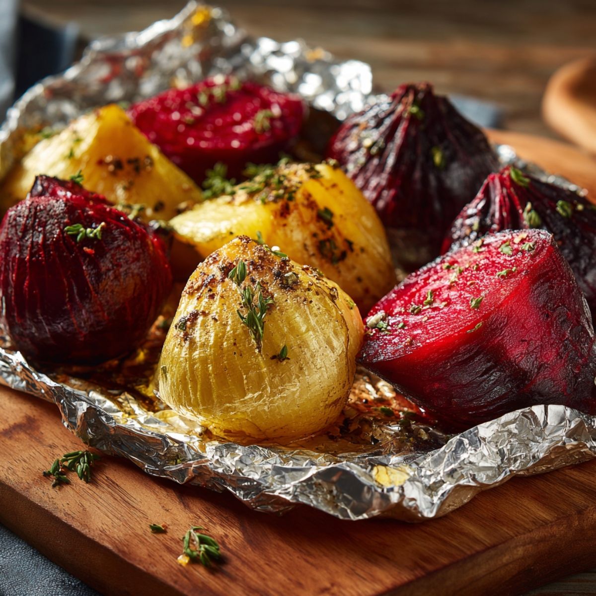 Roasted beets in red and golden colors resting on foil, seasoned with herbs and black pepper, displayed on a wooden cutting board.