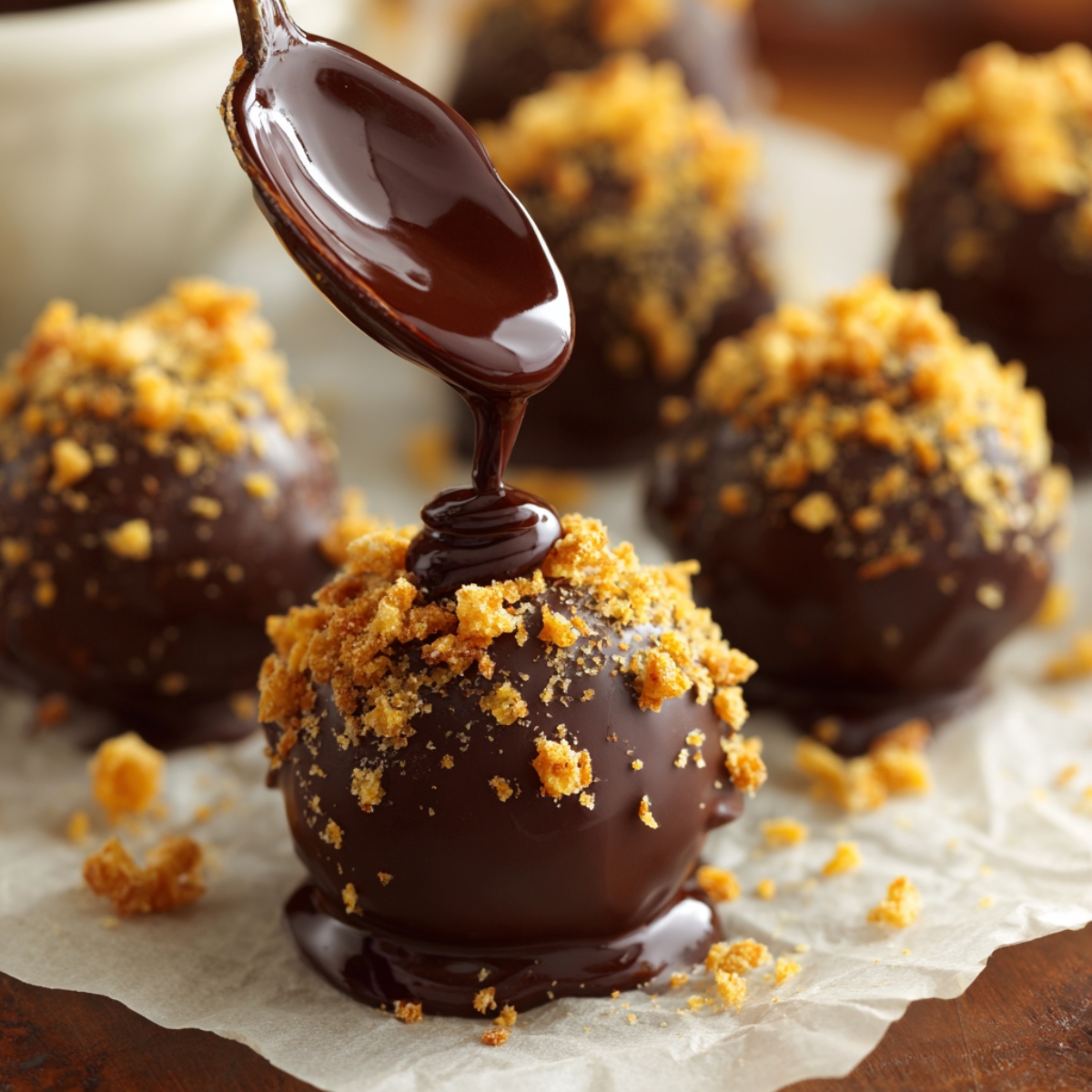 Chocolate-coated truffles being drizzled with melted chocolate and topped with crushed candy crumbs on parchment paper.