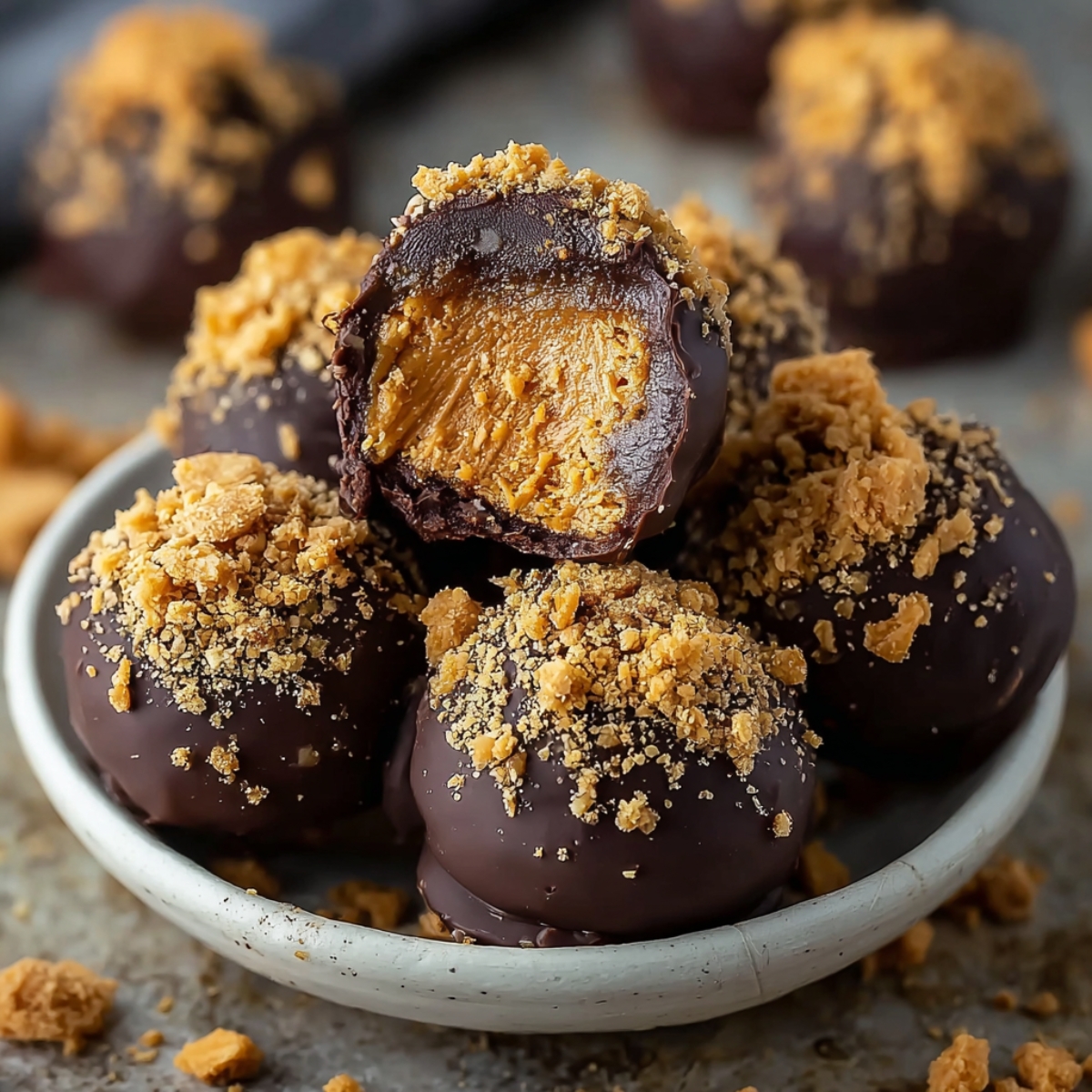 Plate of Butterfinger truffles, one bitten open to reveal a creamy peanut butter filling, coated in dark chocolate and sprinkled with crumbs.