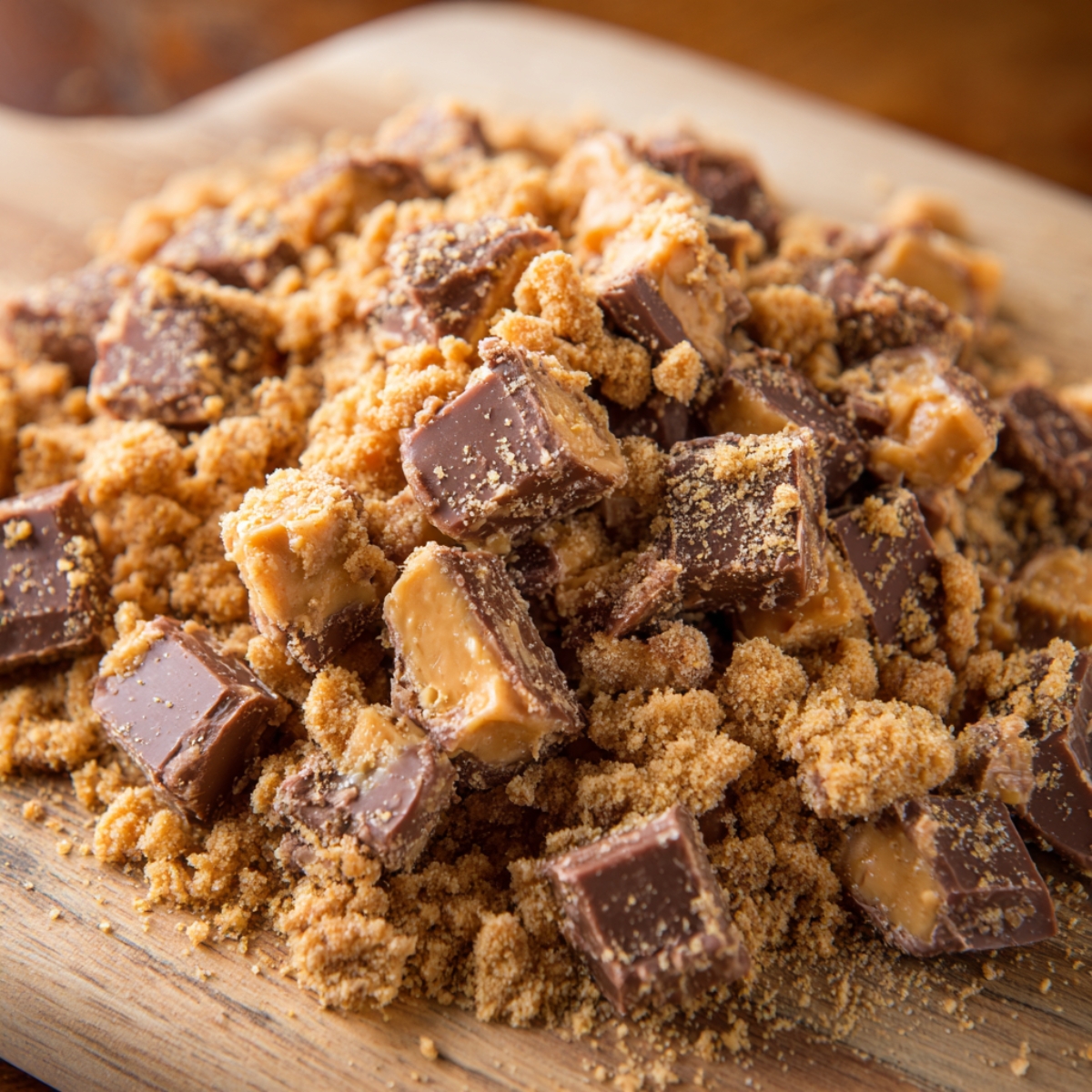 Crushed Butterfinger candy pieces and crumbs piled on a wooden board, showing a mix of chocolate and peanut butter textures.
