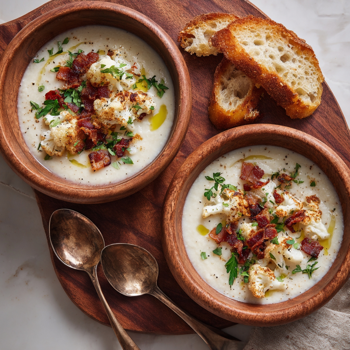 Two wooden bowls of cauliflower soup topped with crispy bacon, roasted cauliflower, and herbs, served with slices of toasted bread and spoons.