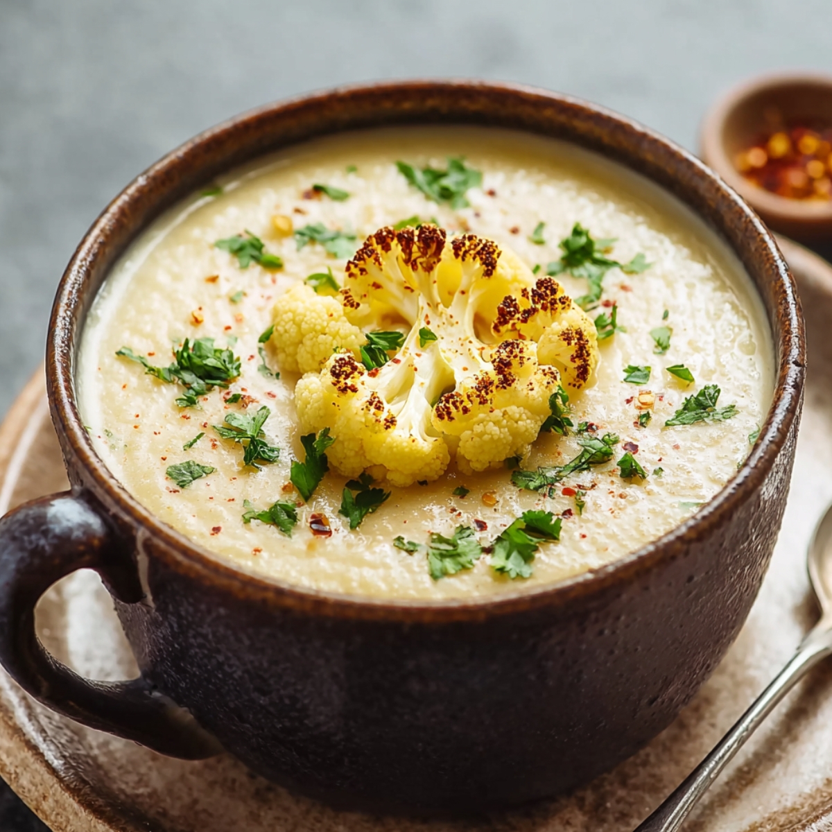 A creamy cauliflower soup in a rustic brown bowl, topped with a roasted cauliflower floret, chopped parsley, and a sprinkle of chili flakes.