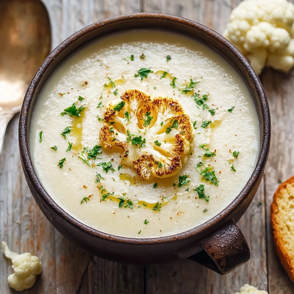 A creamy cauliflower soup in a rustic brown bowl, topped with a roasted cauliflower floret, chopped parsley, and a sprinkle of chili flakes.