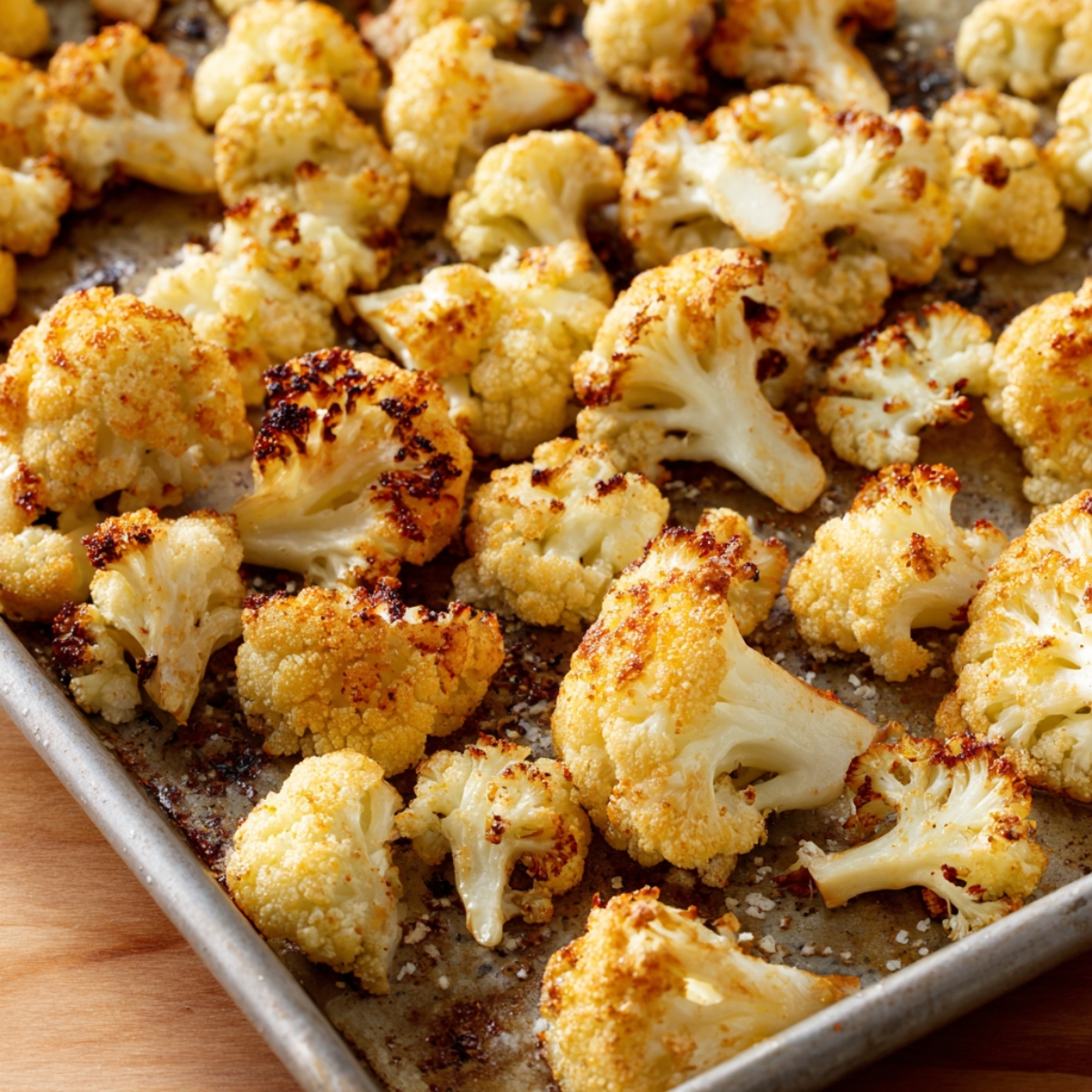 Roasted cauliflower florets on a baking sheet, golden and crispy with a light coating of seasoning and oil.