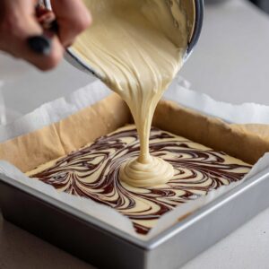 Thick cheesecake batter being poured into a baking pan lined with parchment paper over a swirled chocolate mixture.