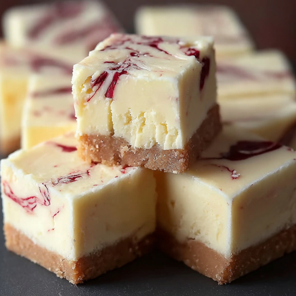 Square pieces of cheesecake fudge with a marbled raspberry swirl on top and a biscuit crust, arranged on a dark surface