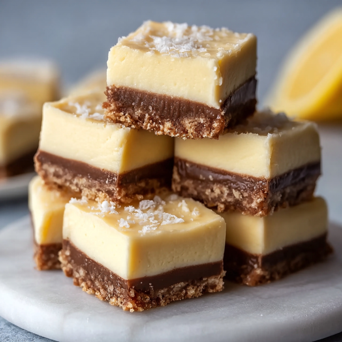 Stacked cheesecake fudge bars with layers of chocolate, creamy cheesecake, and crumbly crust, topped with a sprinkle of sea salt.