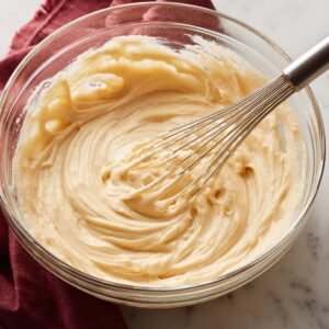 A glass bowl filled with creamy vanilla batter being whisked smoothly with a metal whisk on a marble countertop.