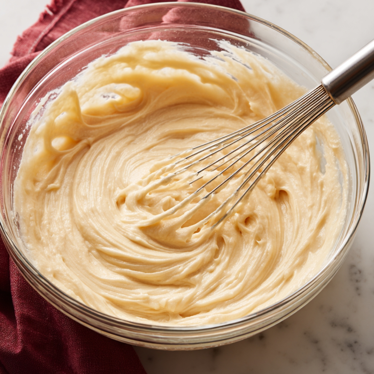 A glass bowl filled with creamy vanilla batter being whisked smoothly with a metal whisk on a marble countertop.