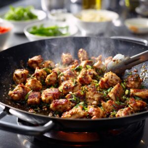 Delicious Chicken Stir Fry Recipe 16 Sizzling bite-sized chicken pieces searing in a hot wok, developing a golden crust, with steam rising and prepared vegetables blurred in the background.