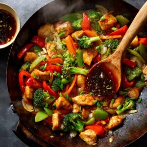 Delicious Chicken Stir Fry Recipe 17 A vibrant chicken stir fry in a wok with broccoli, bell peppers, onions, and carrots, coated in glossy sauce, with a wooden spoon mixing the ingredients.