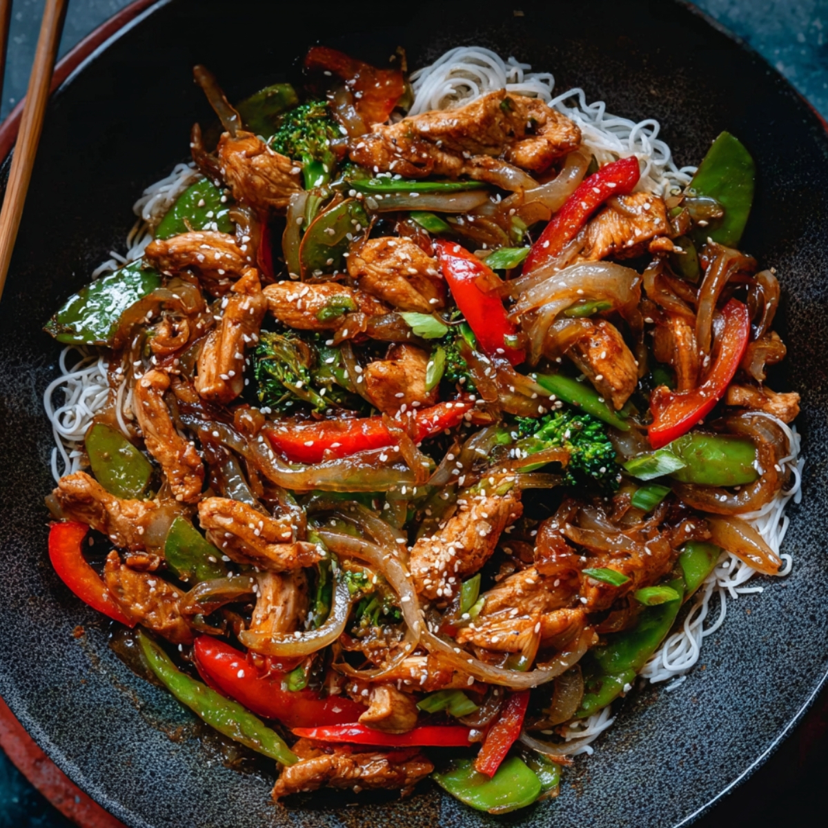 Delicious Chicken Stir Fry Recipe 13 Chicken stir fry served over white rice in a black skillet, featuring broccoli, bell peppers, onions, and tender chicken coated in a rich savory sauce.