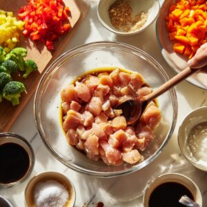 Delicious Chicken Stir Fry Recipe 15 Raw chicken pieces marinating in a bowl of soy-based sauce surrounded by chopped vegetables and seasoning bowls on a bright kitchen countertop.