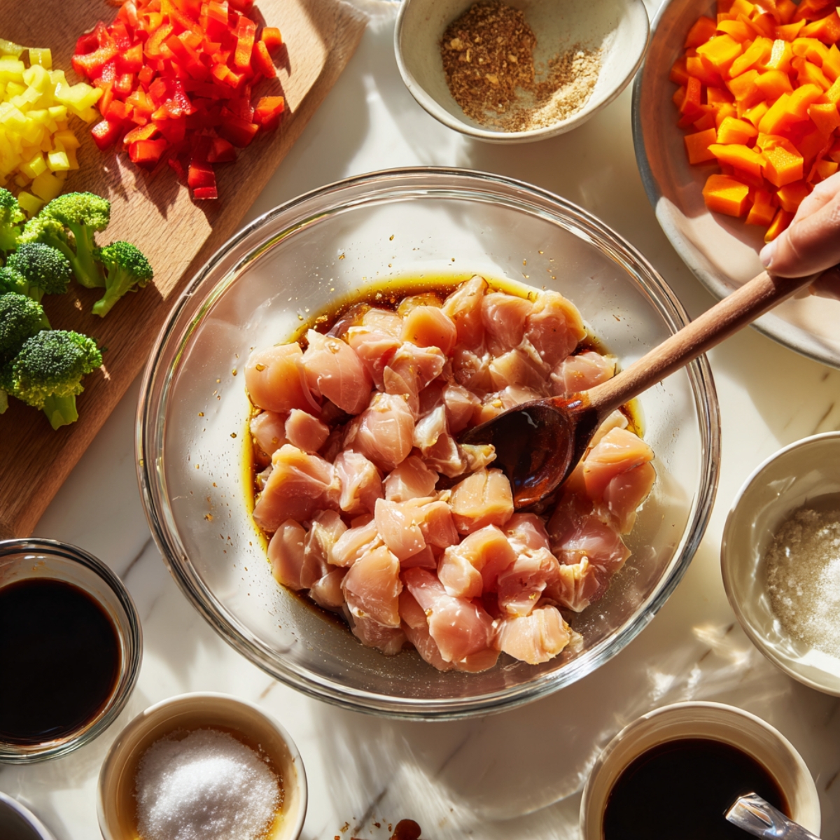Delicious Chicken Stir Fry Recipe 10 Raw chicken pieces marinating in a bowl of soy-based sauce surrounded by chopped vegetables and seasoning bowls on a bright kitchen countertop.