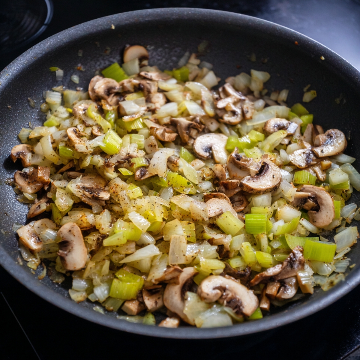 Delicious Chicken Wild Rice Casserole Recipe 11 "Skillet sautéing chopped onions, celery, and sliced mushrooms until tender and fragrant."