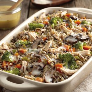 Delicious Chicken Wild Rice Casserole Recipe 17 "Bowl of creamy wild rice chicken casserole with mushrooms and herbs, with a spoon lifting a cheesy bite."