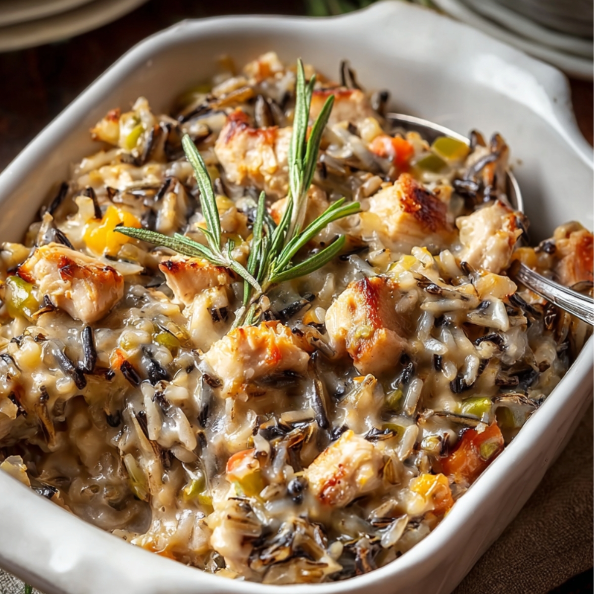 Delicious Chicken Wild Rice Casserole Recipe 13 "Baked wild rice chicken casserole with broccoli, carrots, and mushrooms in a cream sauce, served in a ceramic dish on a rustic wooden table."