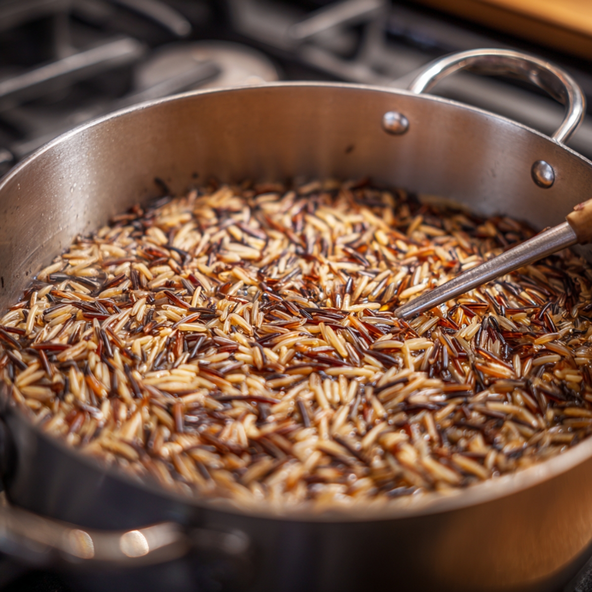 Delicious Chicken Wild Rice Casserole Recipe 10 "Pot of wild rice simmering in water on the stove, showing the mixed grains as they cook."