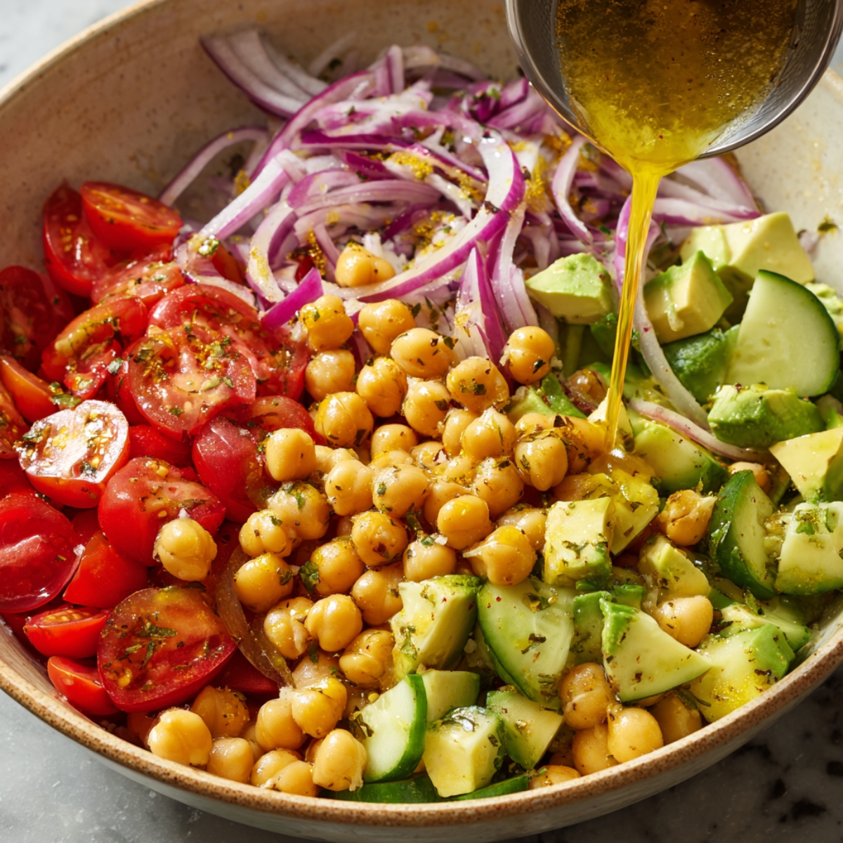 A bowl filled with chickpeas, cherry tomatoes, red onion slices, avocado, and cucumber as olive-oil dressing is being poured over the ingredients.