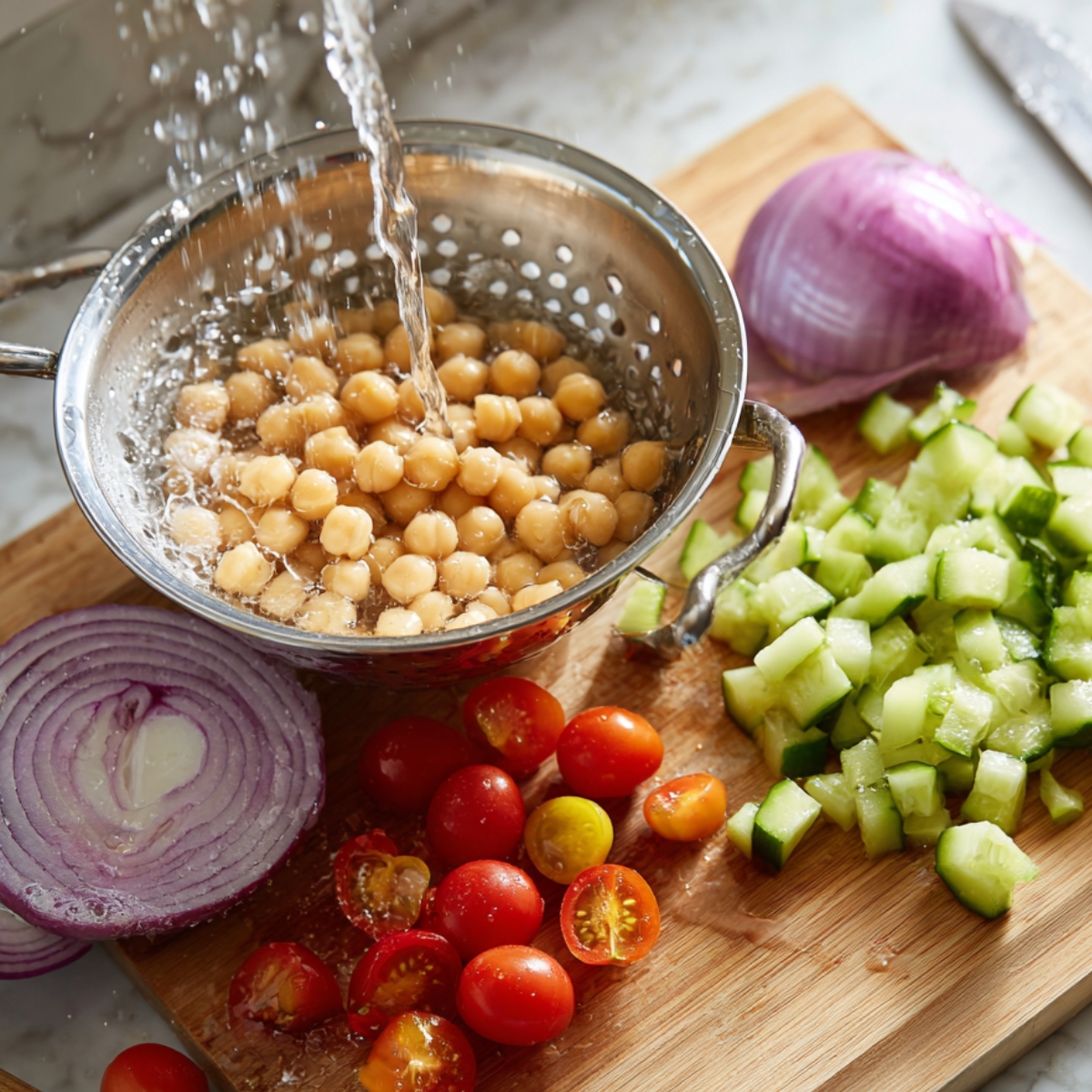 Fresh ingredients on a cutting board: chickpeas being rinsed in a metal strainer, cherry tomatoes, sliced red onion, and chopped cucumber, with a knife in the background.