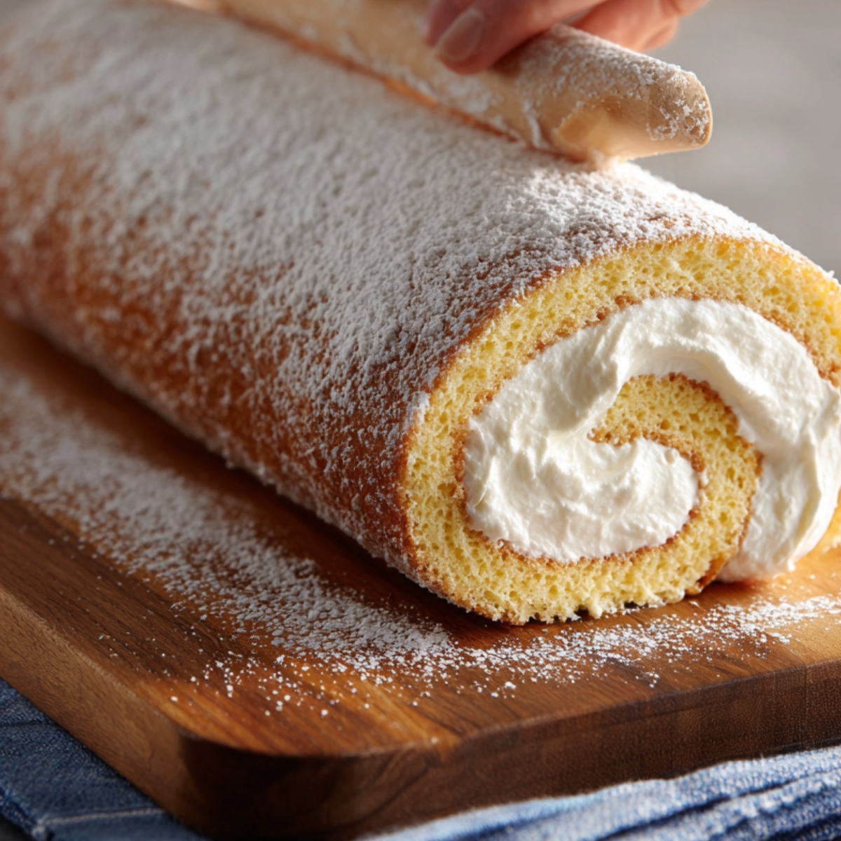 A light sponge cake roll being shaped and dusted with powdered sugar, filled with whipped cream, and rolled up on a wooden board.