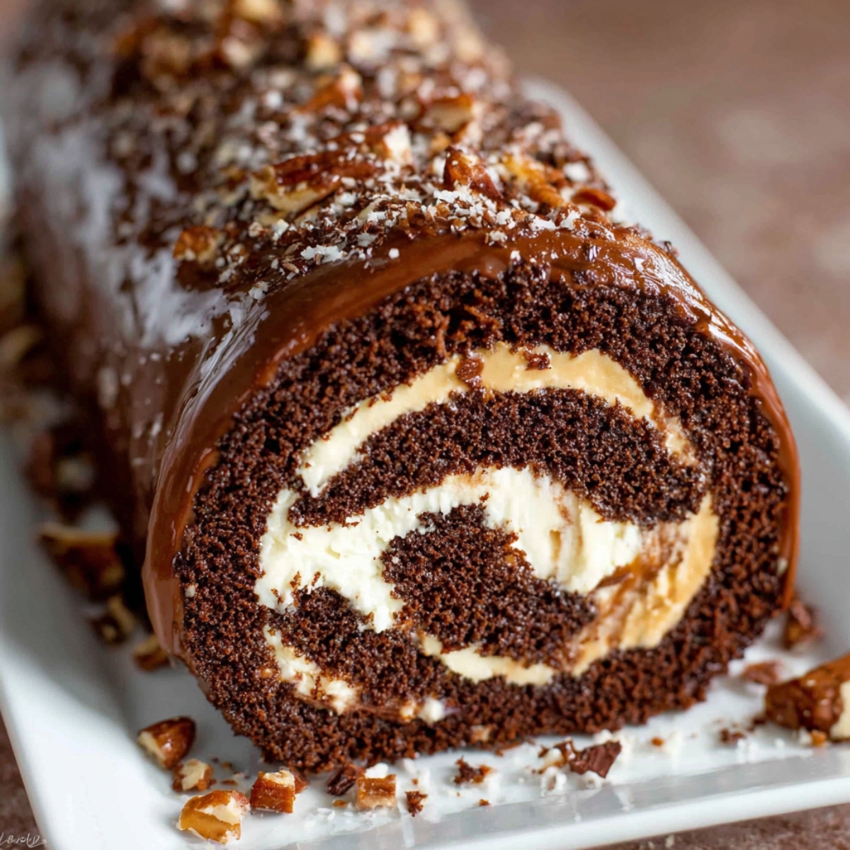 A Chocolate Cake Roll roll filled with creamy vanilla frosting, topped with chocolate drizzle, chopped nuts, and a dusting of powdered sugar on a white serving plate.