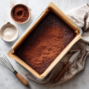 A rectangular chocolate sponge cake in a parchment-lined baking tray, sprinkled with cocoa powder and surrounded by baking tools like a whisk and knife.