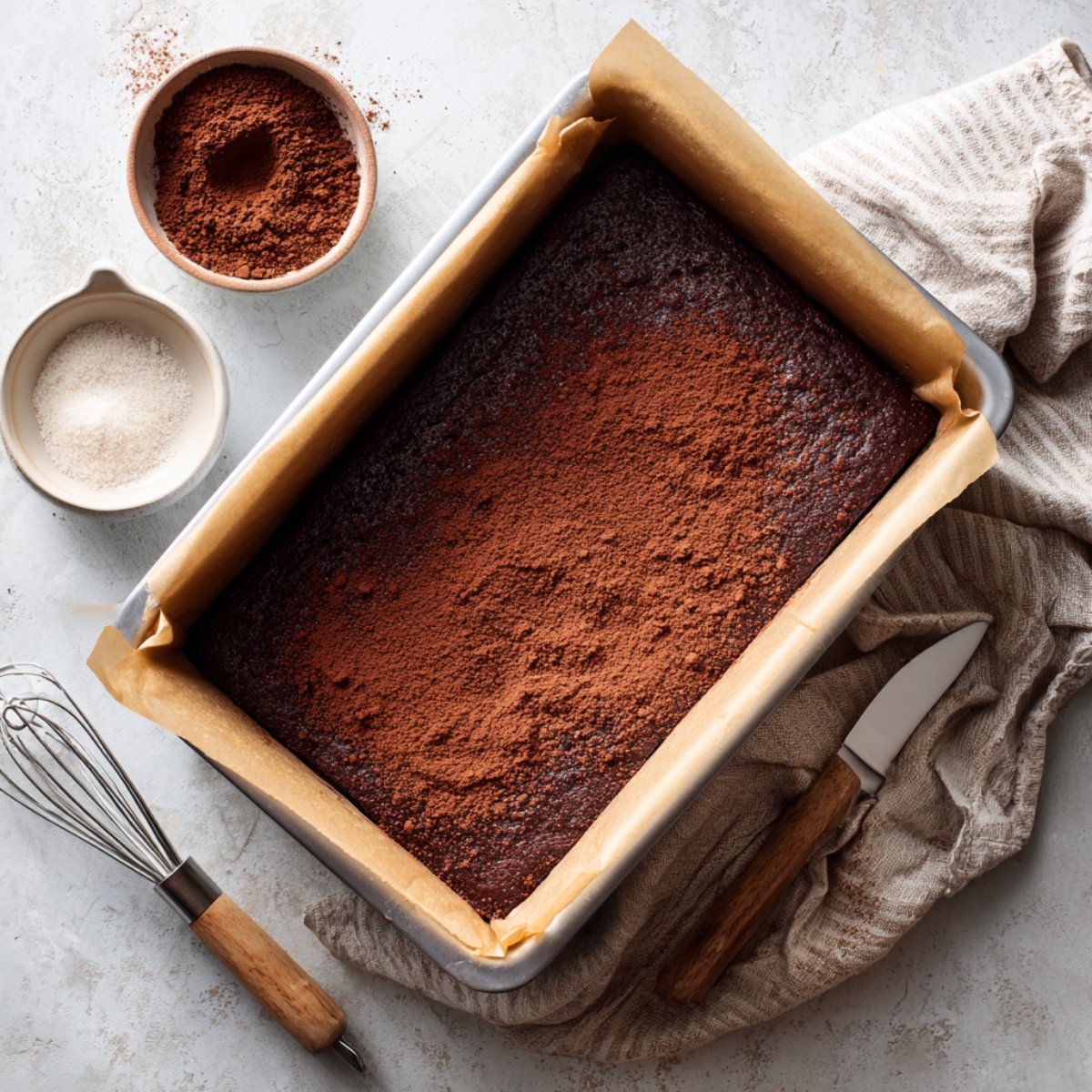 A rectangular chocolate sponge cake in a parchment-lined baking tray, sprinkled with cocoa powder and surrounded by baking tools like a whisk and knife.