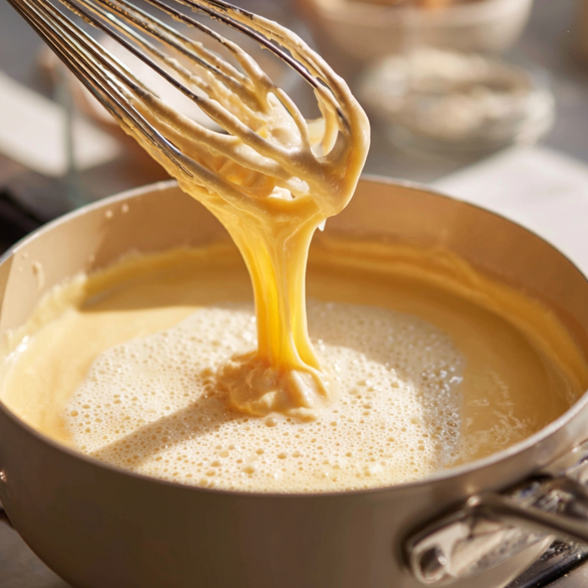 The Best Chocolate Eclairs Recipe In 3 steps 11 “Thick vanilla pastry cream being whisked in a saucepan as it cooks and thickens over gentle heat, with sunlight highlighting its creamy texture.”