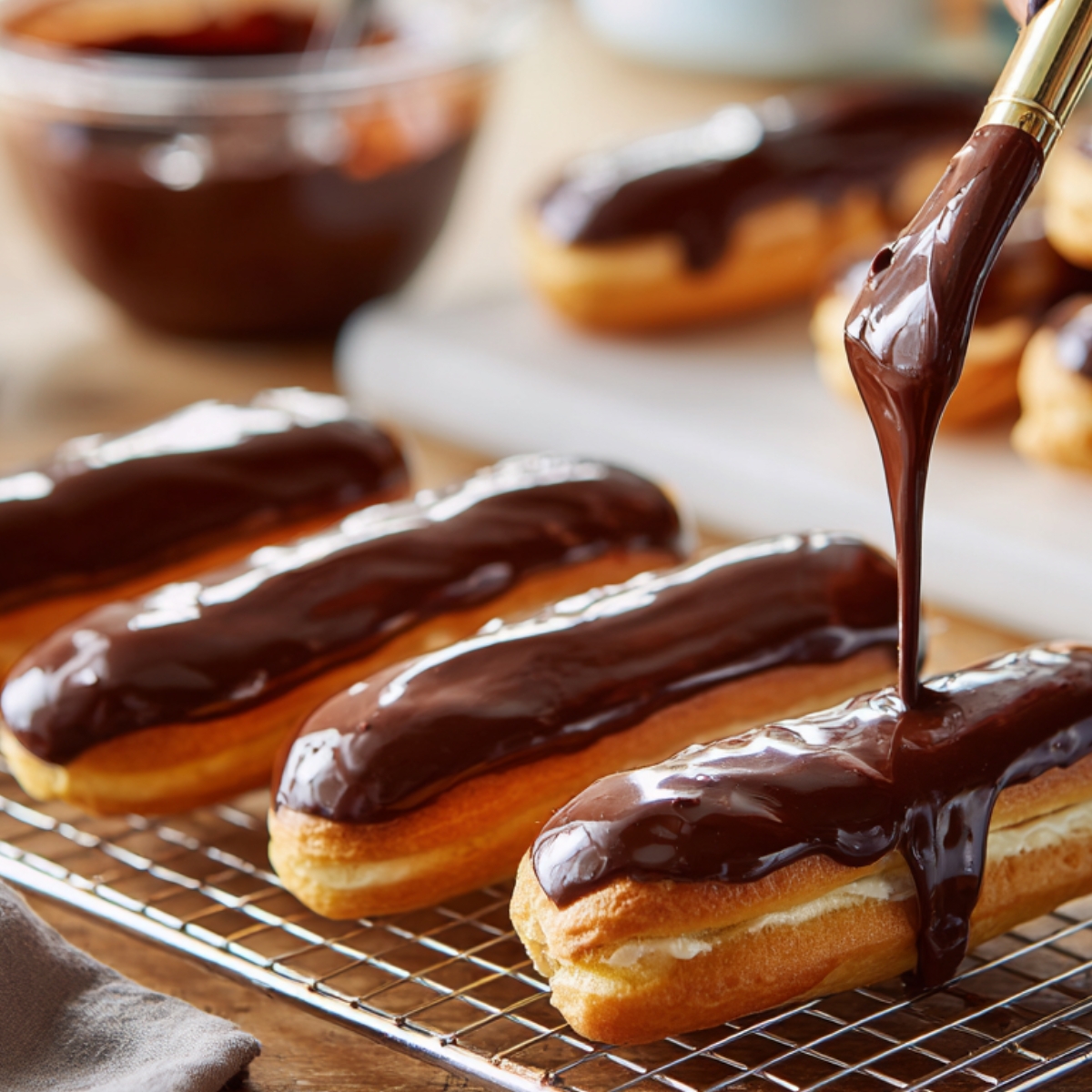 The Best Chocolate Eclairs Recipe In 3 steps 12 “Fresh éclairs on a wire rack being glazed with smooth, glossy chocolate ganache, with a bowl of ganache in the background.”