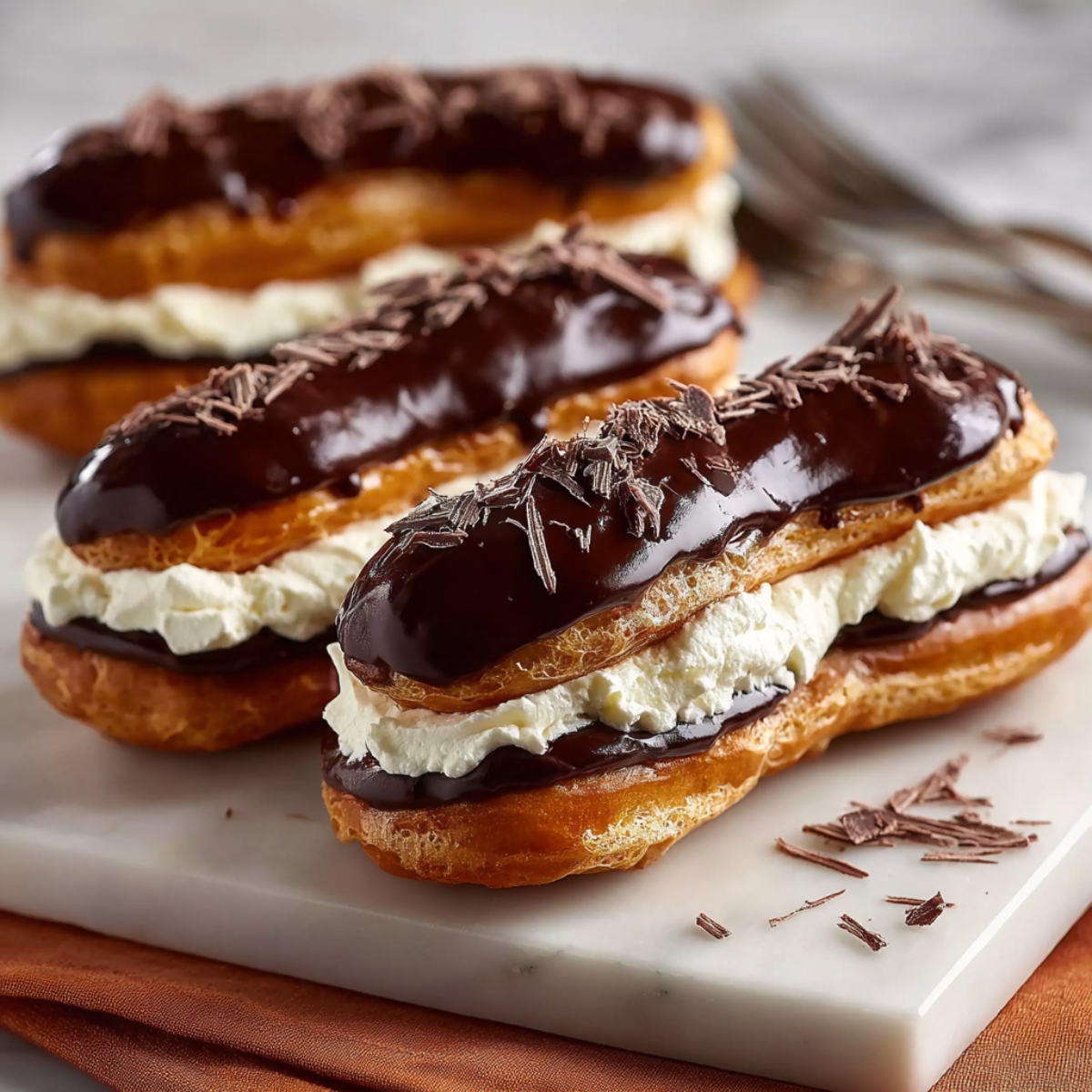 The Best Chocolate Eclairs Recipe In 3 steps 13 “Chocolate éclairs filled with whipped cream and topped with shiny ganache and chocolate shavings, arranged on a marble board.”