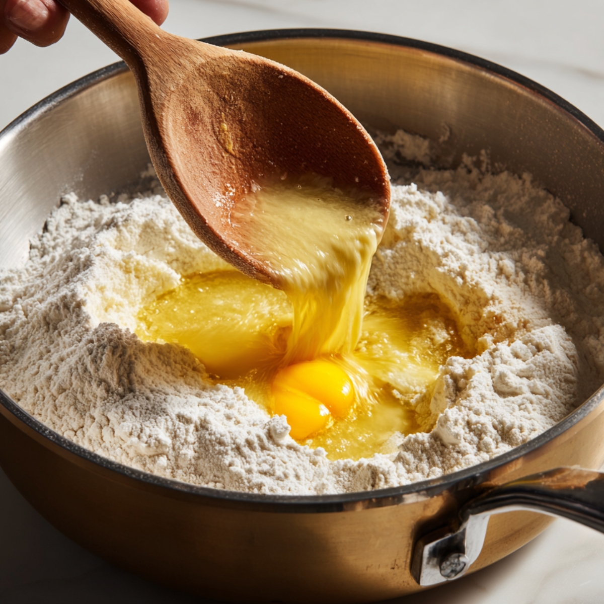 The Best Chocolate Eclairs Recipe In 3 steps 10 “Close-up of flour in a mixing bowl with melted butter and an egg being added, showing the beginning stages of making choux pastry dough.”