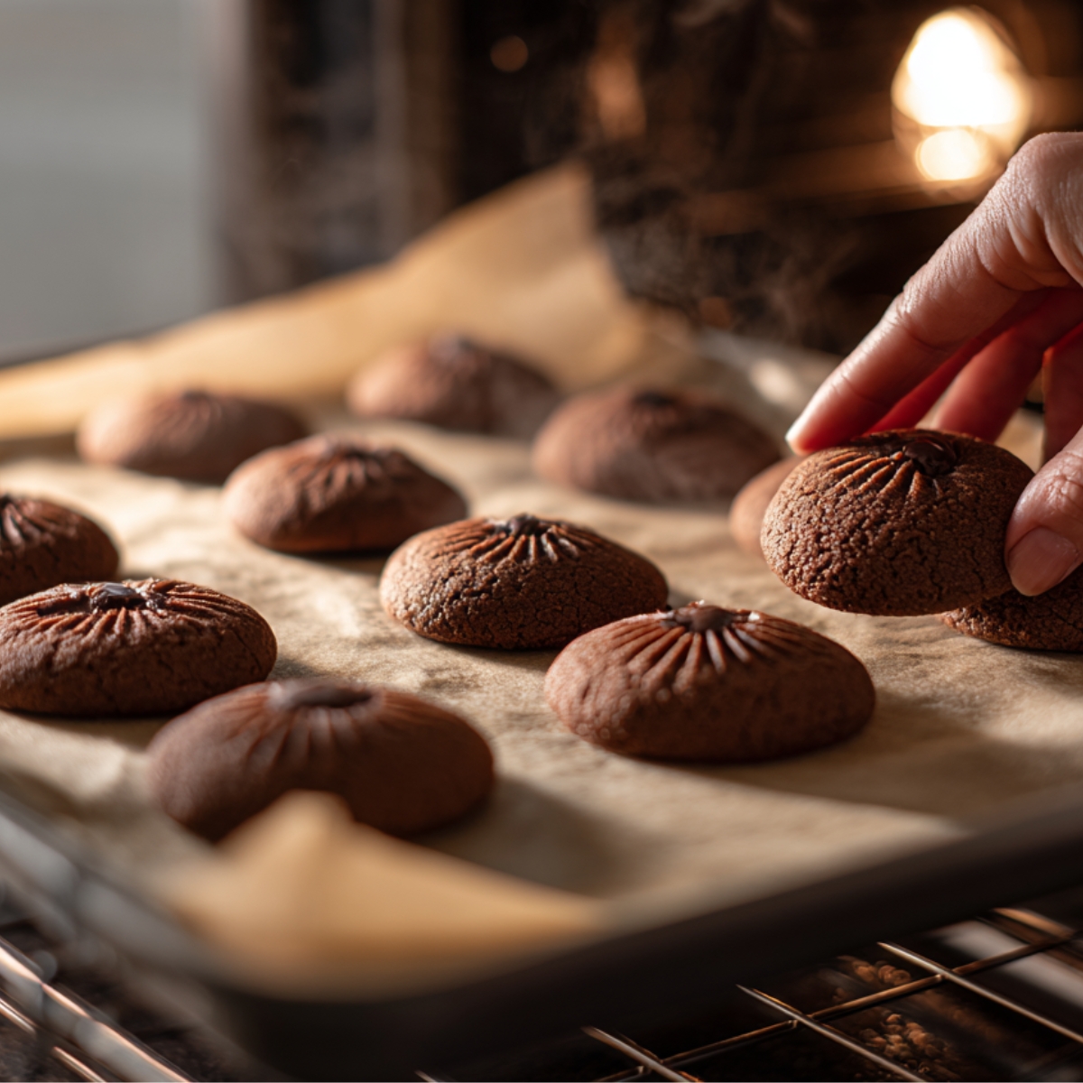 Delicious Chocolate Thumbprint Cookies Recipe 11 Hand removing freshly baked chocolate thumbprint cookies from a parchment-lined baking sheet inside an oven, steam rising from the warm cookies.