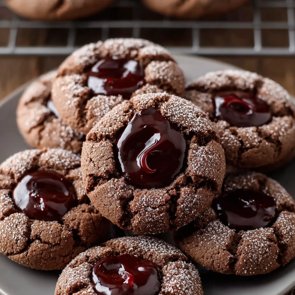 Delicious Chocolate Thumbprint Cookies Recipe 12 Close-up plate of chocolate thumbprint cookies with glossy chocolate filling in the center and dusted lightly with powdered sugar.