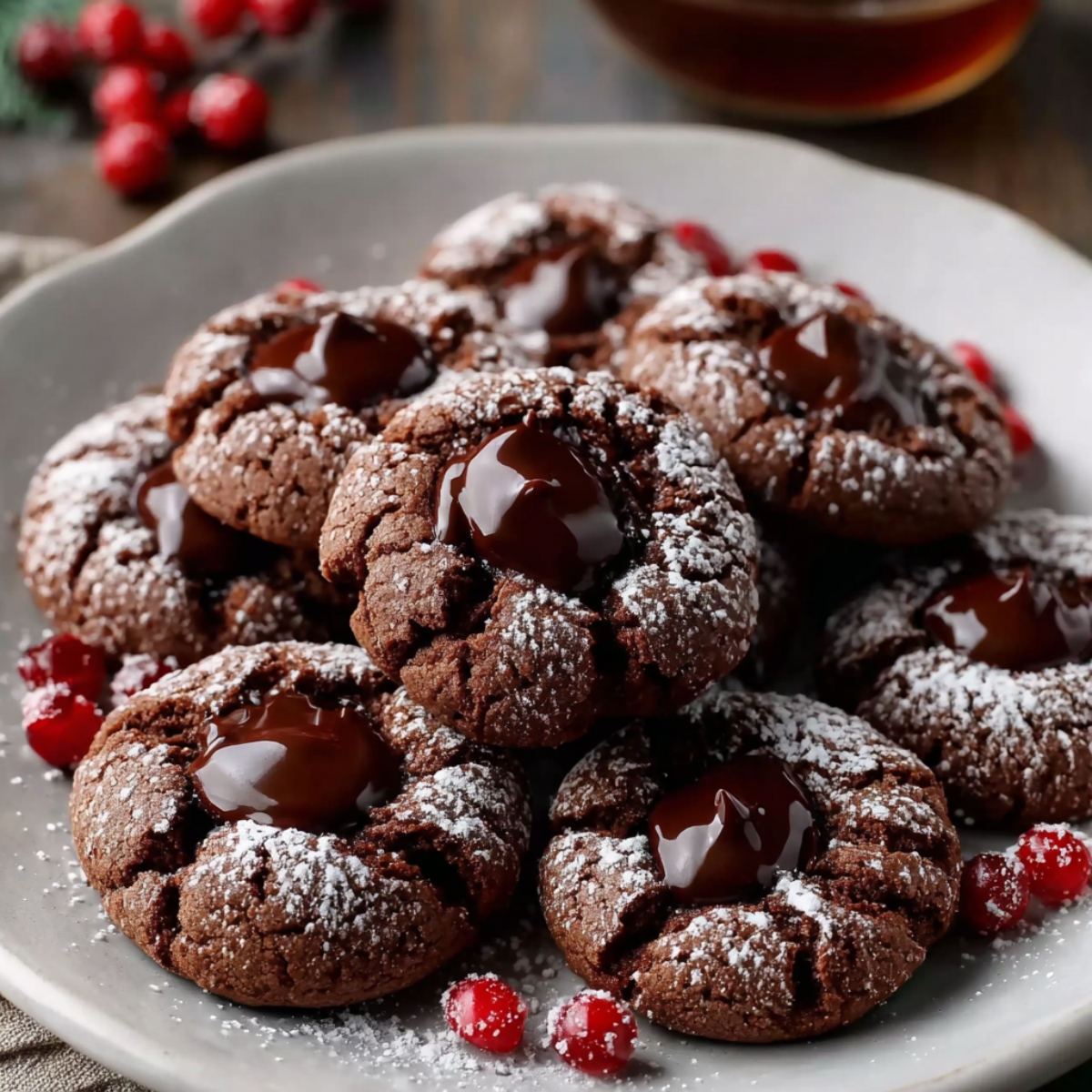 Delicious Chocolate Thumbprint Cookies Recipe 13 Close-up plate of chocolate thumbprint cookies with glossy chocolate filling in the center and dusted lightly with powdered sugar.