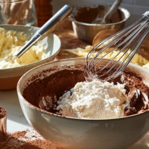 Baking workspace with bowls of butter, cocoa powder, flour, and a whisk mixing dry ingredients into chocolate cookie dough on a messy kitchen counter.