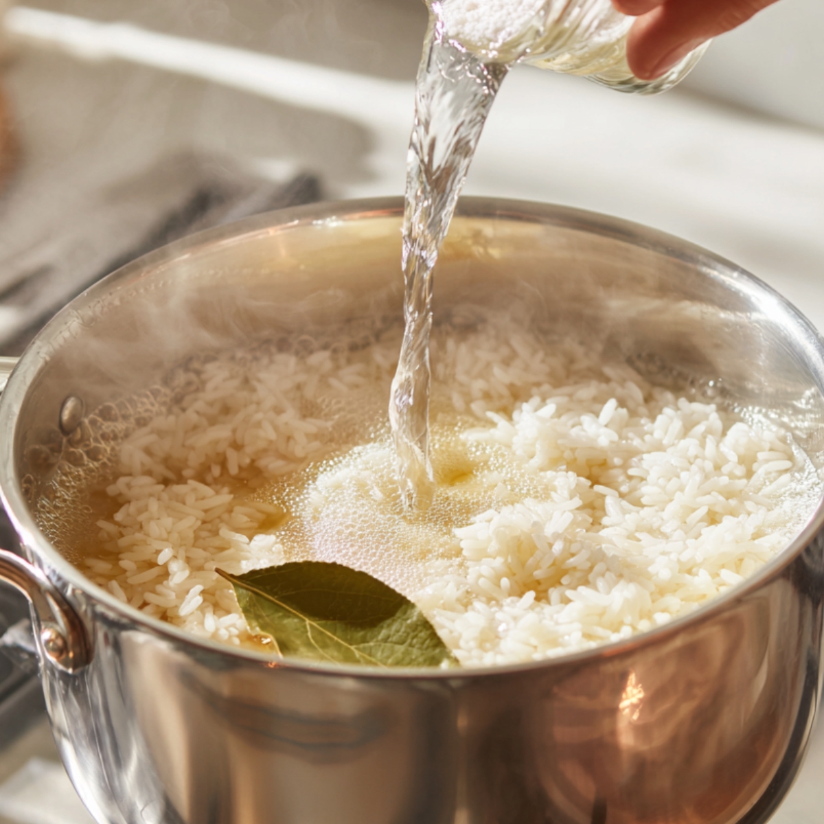 Healthy Cilantro Lime Rice Recipe 11 A pot of rice on the stovetop as water is poured in, with a bay leaf floating on top and steam rising from the simmering mixture.