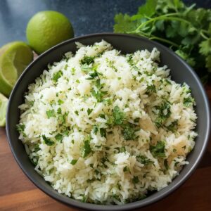 Healthy Cilantro Lime Rice Recipe 19 A bowl of cilantro lime rice with fluffy white grains mixed with fresh chopped cilantro, surrounded by lime wedges and cilantro sprigs.