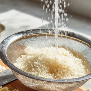 Healthy Cilantro Lime Rice Recipe 16 Uncooked white rice being rinsed under running water in a fine-mesh strainer, with minced garlic and a knife on a wooden cutting board beside it.