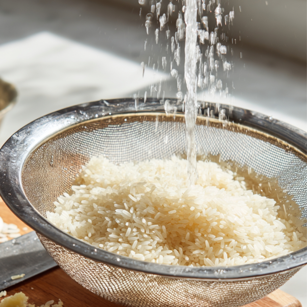 Healthy Cilantro Lime Rice Recipe 10 Uncooked white rice being rinsed under running water in a fine-mesh strainer, with minced garlic and a knife on a wooden cutting board beside it.