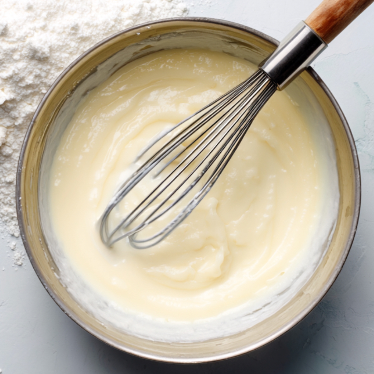 Metal bowl filled with smooth cream cheese glaze beside a pile of powdered sugar and a whisk.