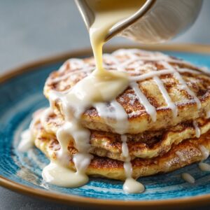Stack of cinnamon roll pancakes on a blue plate with warm cream cheese icing being poured over the top.