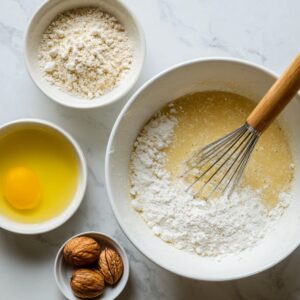 Pancake batter being mixed in a white bowl with flour, an egg, and nuts arranged around it.