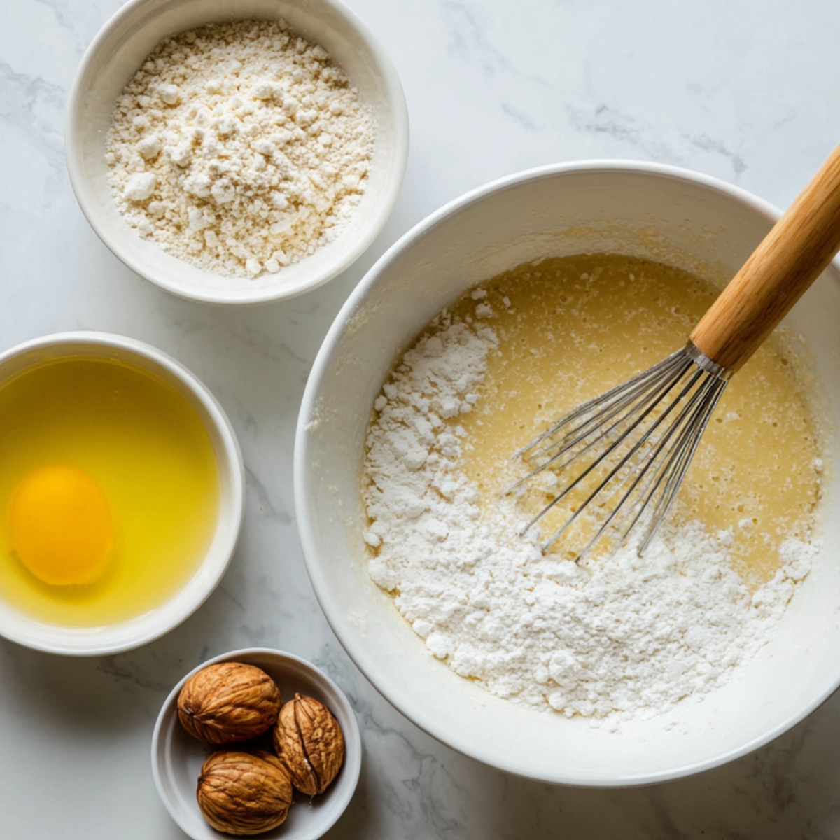 Pancake batter being mixed in a white bowl with flour, an egg, and nuts arranged around it.
