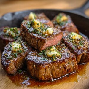Juicy, pan-seared steak medallions topped with melted butter, garlic, and fresh herbs, glistening in their flavorful sauce.
